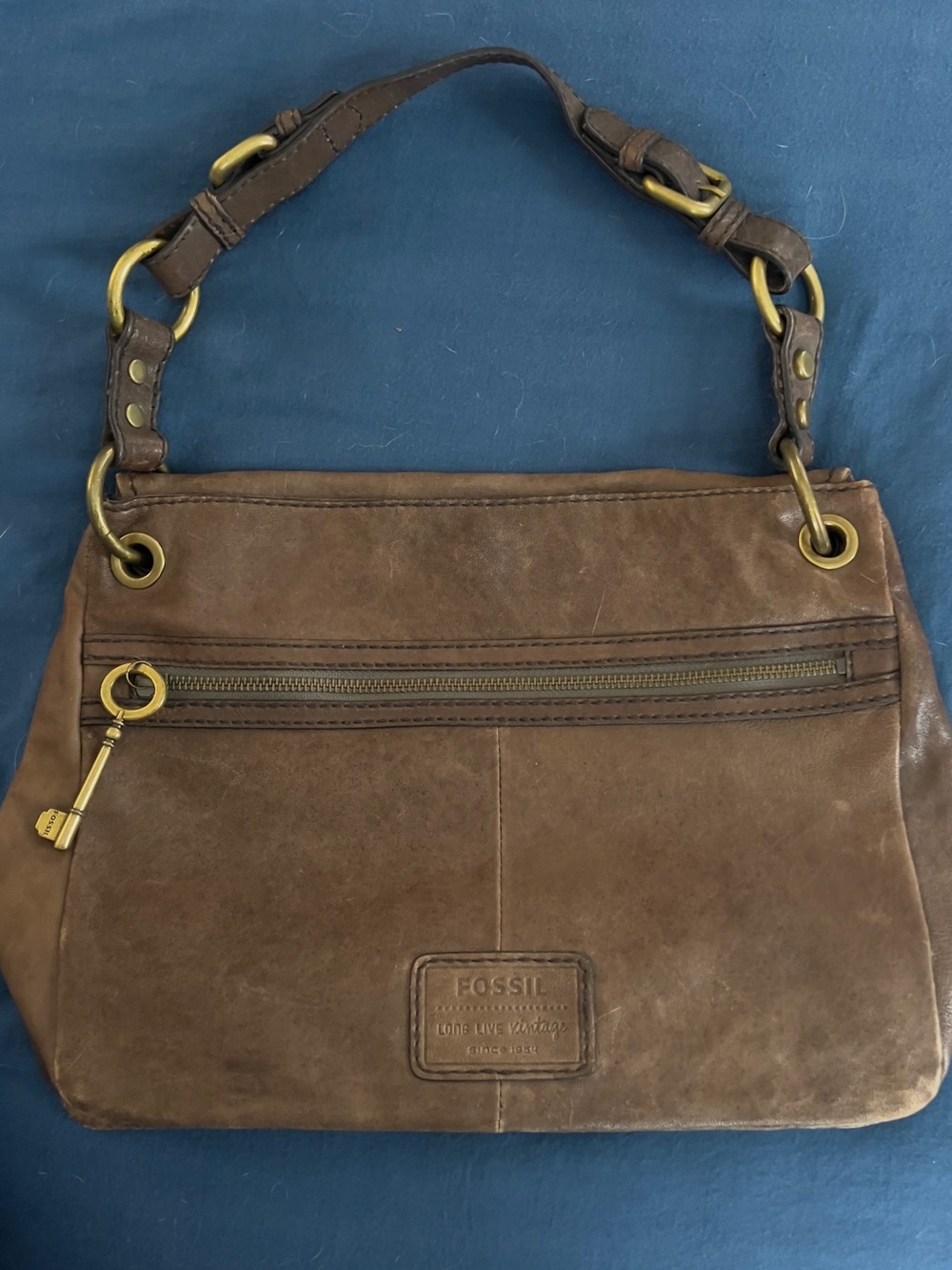 Fossil Brown Leather Shoulder Bag with Key Charm